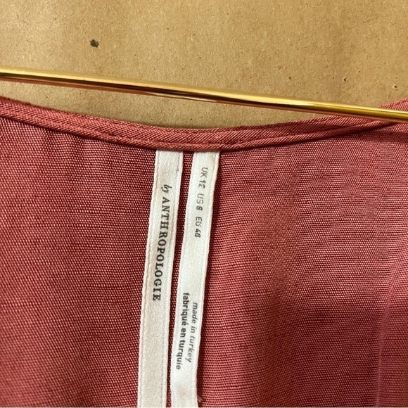 Anthropologie NWT Puff Sleeve Wrap Mini Dress Linen Blend Tie Front Pink Size 8 - Picture 3 of 16